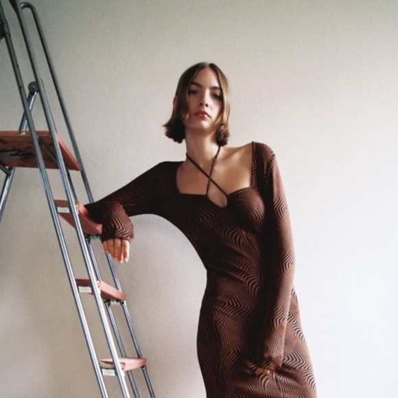 ZARA BROWN JACQUARD MINI DRESS - Picture 2 of 10